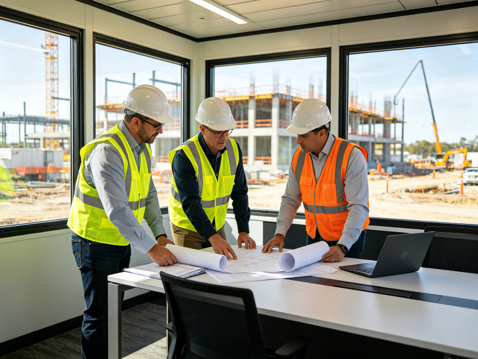 Construction engineers reviewing blueprints on site